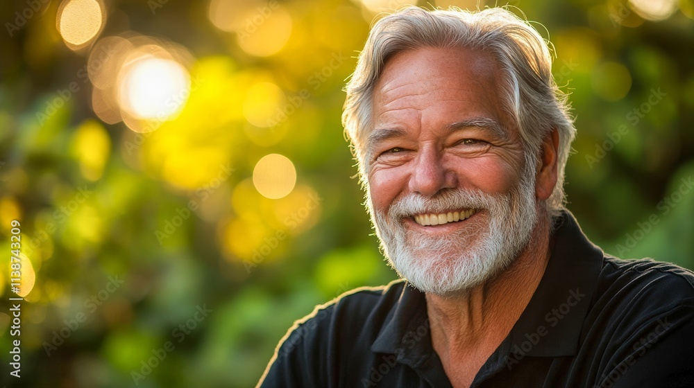 A gray-haired, bearded man smiles brightly, surrounded by a sunny, lush garden backdrop, radiating warmth, experience, and the joy of nature's beauty. A gray-haired, bearded man smiles brightly, surrounded by a sunny, lush garden backdrop, radiating warmth, experience, and the joy of nature's beauty.