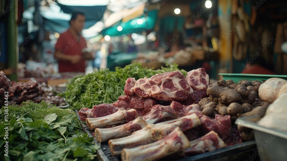 Obraz premium Meat, produce at market stall.