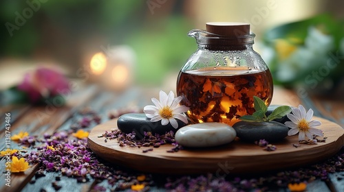 Relaxing herbal tea with colorful flower petals and smooth stones on a wooden...