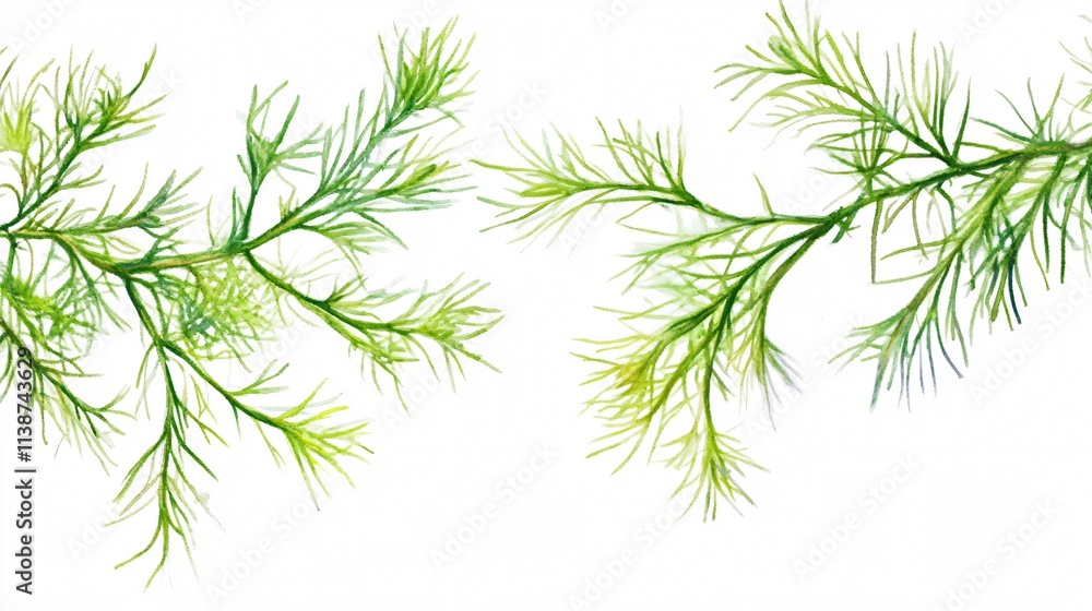 Fototapeta premium Watercolor Painting of Lush Green Plant Branches on White Background
