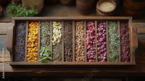 Fresh herbs arranged on rustic wooden shelf showcasing vibrant colors and tex...