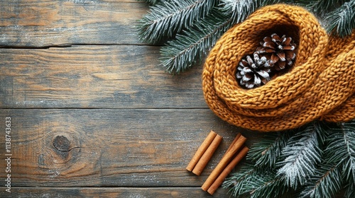 Warm scarf surrounded by pine branches and winter decorations on wooden table...