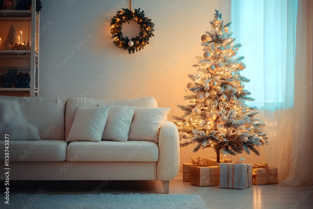 New year tree and christmas decoration in cosy light living room with sofa. AI generated. New year tree and christmas decoration in cosy light living room with sofa. AI generated.