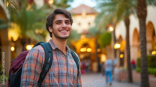 A young traveler with a backpack smiles happily in a lively urban setting filled with sunlight and palm trees, embodying freedom, exploration, and joy. photo