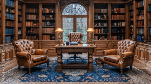 Elegant study with classic leather furniture and large windows in a serene se...