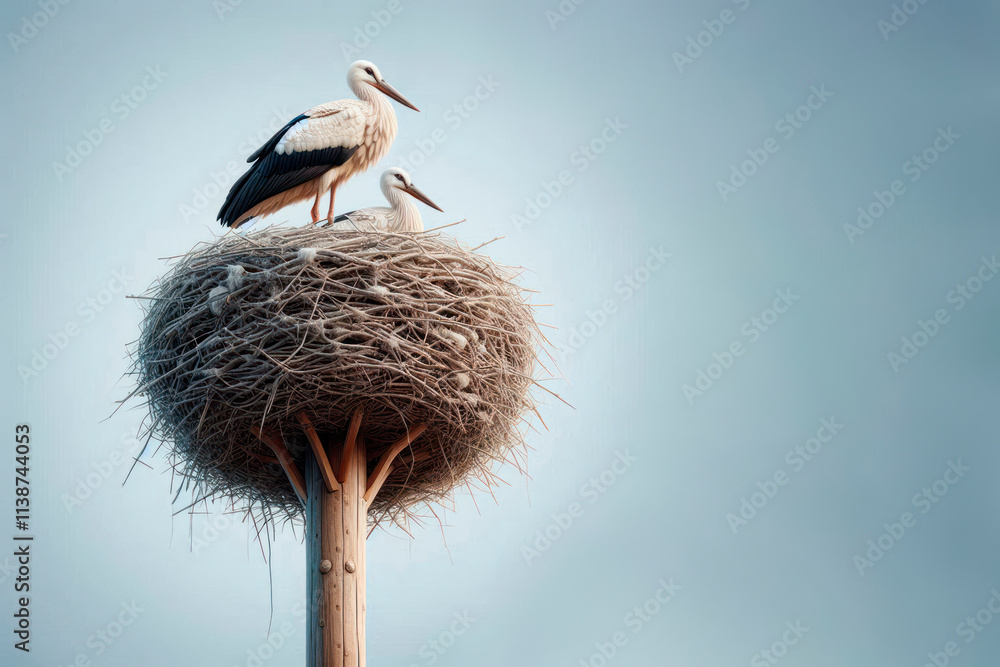 Fototapeta premium Two storks in a large nest on a pole. Space for text.