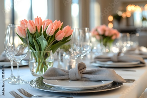 Elegant dinner table setting with pink tulips and soft candlelight ambiance
