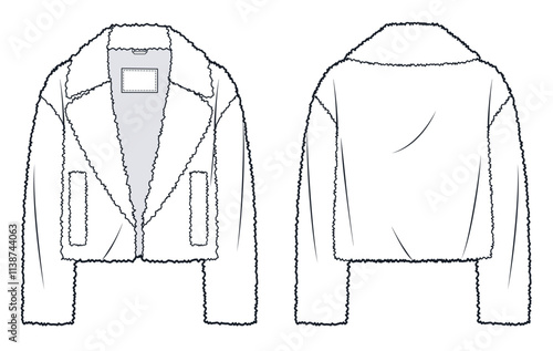 Fur Jacket technical fashion Illustration. Winter Coat fashion flat technical drawing template, pockets, front and back view, white, women, men, unisex CAD mockup.