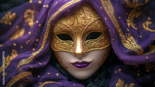 Intricate golden mask adorned with purple and black fabrics at a festive cele...