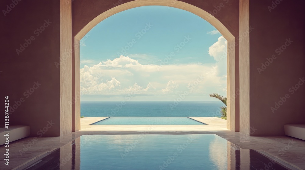 Fototapeta premium Ocean view through arched doorway, infinity pool.