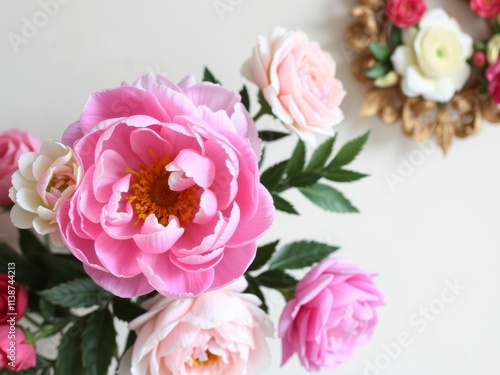 Artificial flowers wall in vintage style with roses, peonies, and dahlias, peony, vintage, artificial