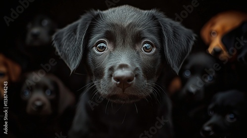 Cute brown puppy looking curiously from behind a cage in a cozy shelter envir...