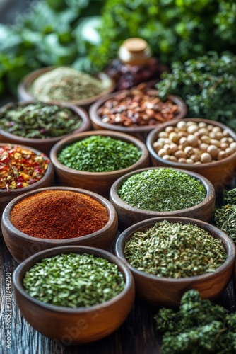 Variety of spices and herbs arranged in bowls on rustic wooden table