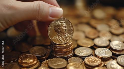 Holding a coin above a stack surrounded by numerous other coins photo