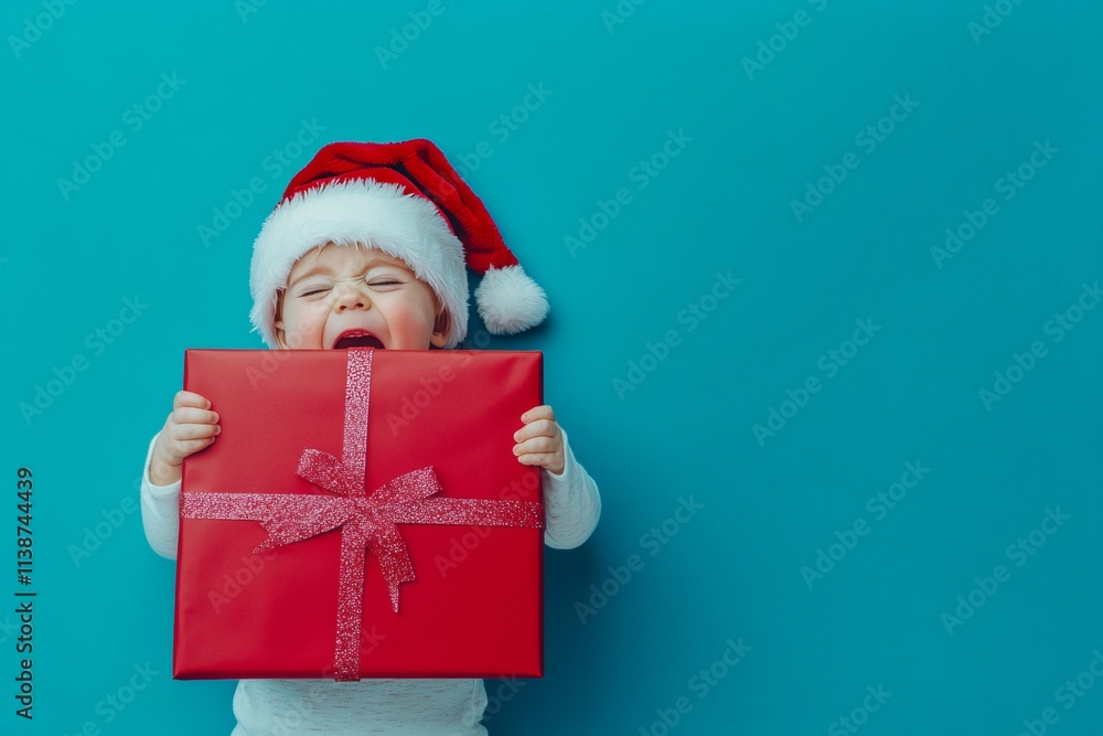 Copy space. Isolated white white toddler girl in red festive hat with parcel in hands, on blue background. Blue winter theme. Blue christmas lights. Gift under tree. Studio holiday photogr. Copy space. Isolated white white toddler girl in red festive hat with parcel in hands, on blue background. Blue winter theme. Blue christmas lights. Gift under tree. Studio holiday photogr.