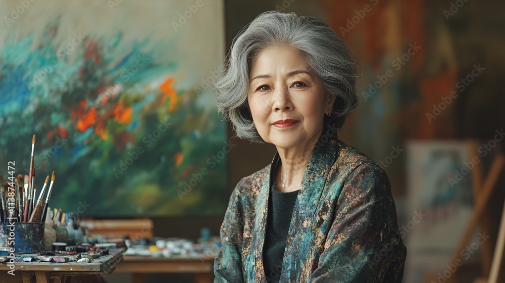 A Mature Female Painter in a Sunlit Studio, Surrounded by Her Masterpieces A Mature Female Painter in a Sunlit Studio, Surrounded by Her Masterpieces