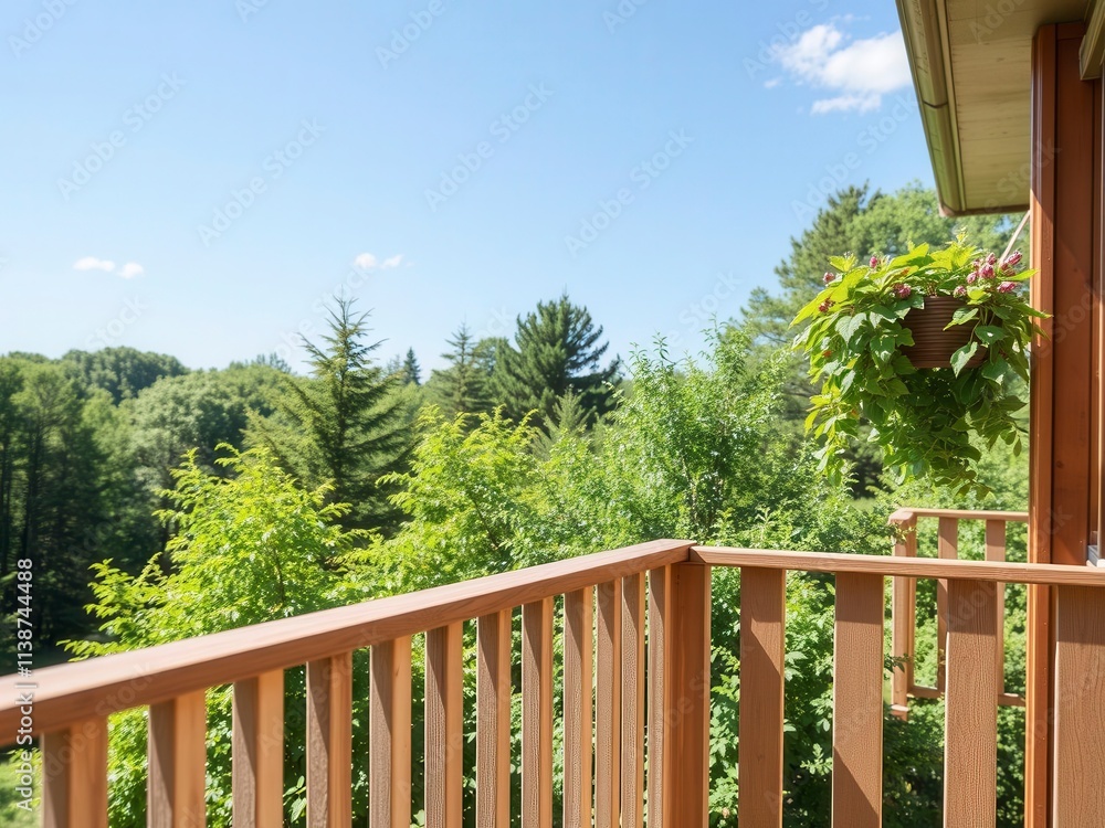 A sunny balcony with a wooden railing overlooking a peaceful garden, perfect for adding text or graphics, railing, sunny, nature A sunny balcony with a wooden railing overlooking a peaceful garden, perfect for adding text or graphics, railing, sunny, nature