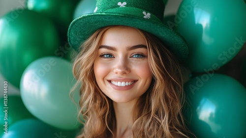 Smiling woman with green hat and balloons celebrating Saint Patricks Day fest...