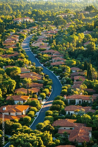 Lush suburban homes nestled among trees in a winding neighborhood at sunset