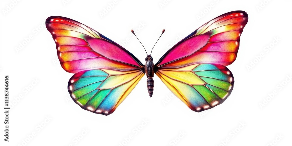 A vibrant pink butterfly with intricate patterns flutters gracefully against a pristine white background, wings, colorful, nature A vibrant pink butterfly with intricate patterns flutters gracefully against a pristine white background, wings, colorful, nature