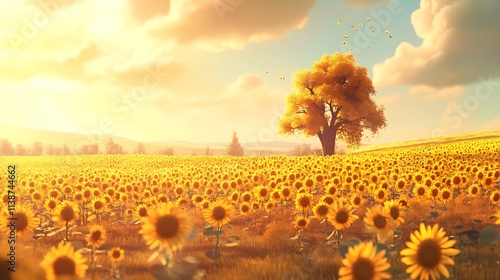 Golden hour in a sunflower field. A single tree stands tall, leaves turning autumnal gold.