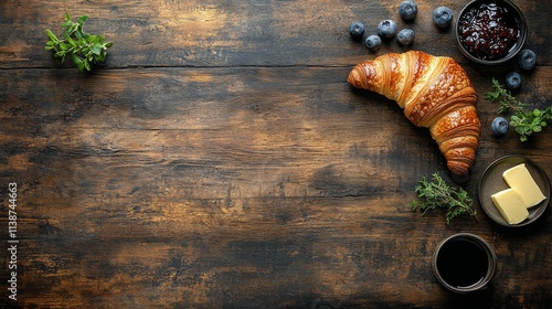 Breakfast setup with croissant, berries, and jam on rustic wooden table