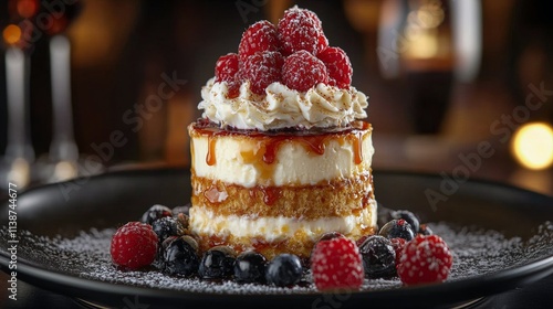 Decadent dessert topped with fresh berries set on a wooden table