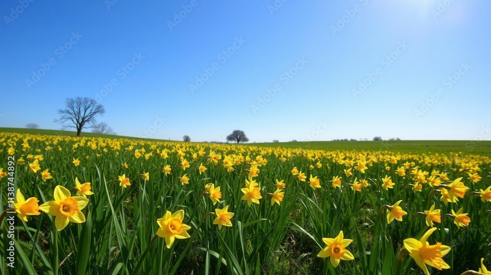 Fototapeta premium Beautiful yellow daffodil flowers blooming in a vast field, under a clear blue sky, meadow, field, countryside