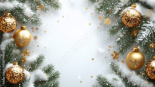 Festive golden ornaments and snowflakes among green pine branches during a wi...