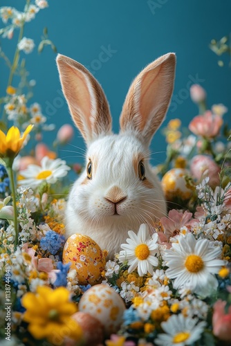 Rabbit among colorful flowers in a vibrant spring garden