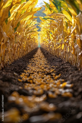 Cornfield rows lined with golden plants under a bright afternoon sun