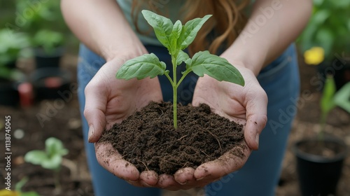 Hands holding a healthy green plant with soil in a garden environment