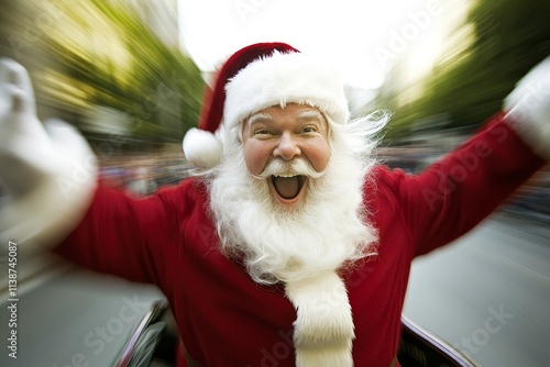 Holiday parade highlights Santa Claus riding in a float, spreading happiness to the spectators. Generative Ai