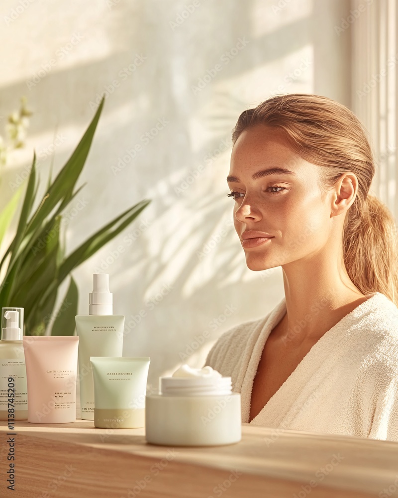 Elegant Morning Skincare Routine in Serene Eco-Friendly Bathroom Setting Elegant Morning Skincare Routine in Serene Eco-Friendly Bathroom Setting
