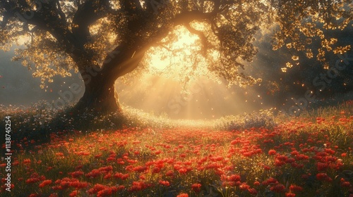 Majestic oak tree stands tall in a radiant field of blooming flowers at sunset