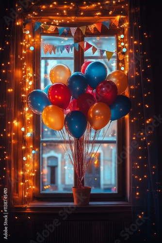 Celebratory balloon arrangement with colorful confetti in a cozy indoor setting
