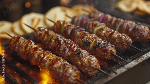 Grilling skewers with meat over an open flame at a summer cookout