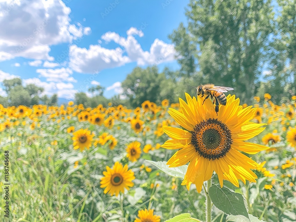 Fototapeta premium A vibrant field of sunflowers with a bee pollinating a bloom.