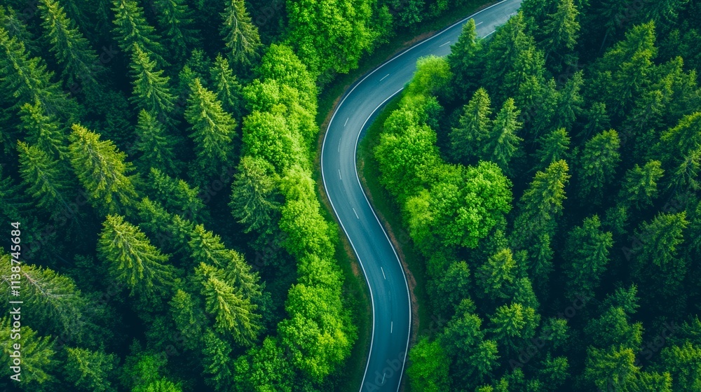 Aerial view of a curved road cutting through dense, lush green forest, illustrating a harmonious blend of man-made infrastructure with natural surroundings. Aerial view of a curved road cutting through dense, lush green forest, illustrating a harmonious blend of man-made infrastructure with natural surroundings.