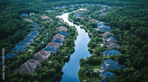 View of suburban neighborhood surrounded by lush greenery and winding roadways