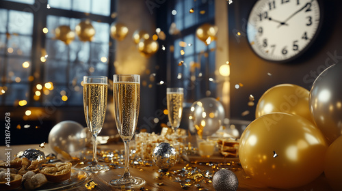 An elegant New Year's Eve party in a modern hall decorated with golden balls, streamers and clocks. The table is set with glasses of champagne, festive snacks and sparkling decor