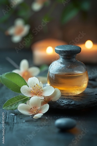 Serenity captured with essential oil, flowers, and candles set in a tranquil ...
