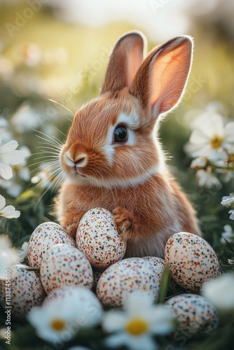 Cute rabbit surrounded by colorful Easter eggs in a flower filled meadow duri...