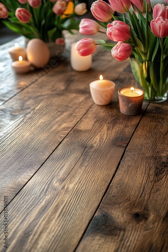 Beautiful arrangement of tulips and candles on a rustic wooden table in a coz...