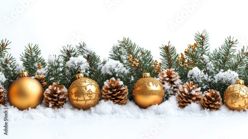 Festive golden ornaments and snowflakes among green pine branches during a wi...