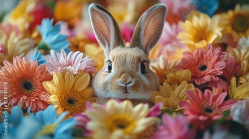 Cute rabbit surrounded by colorful flowers in a vibrant spring garden setting