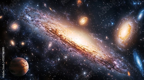A breathtaking view of a spiral galaxy and celestial bodies.