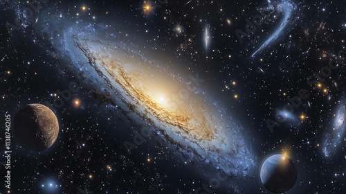 Majestic spiral galaxy, stars, and planets in deep space.