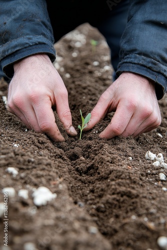 Planting a young seedling gently into fertile soil at a garden in springtime