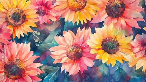 Vibrant watercolor sunflowers in pink, yellow, and gold hues.